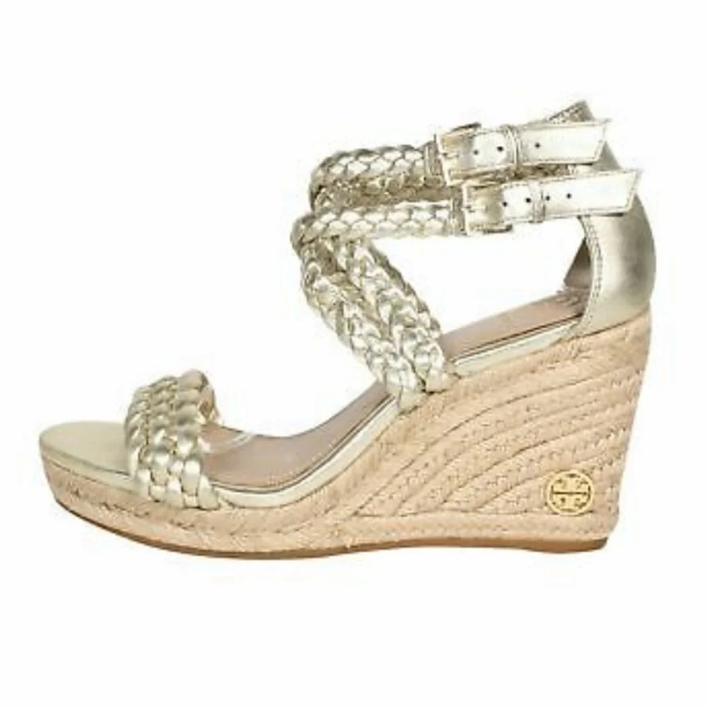 Tory Burch Bailey Metallic Leather Braid Espadrille Wedge Platform Sandals Gold - Picture 3 of 15